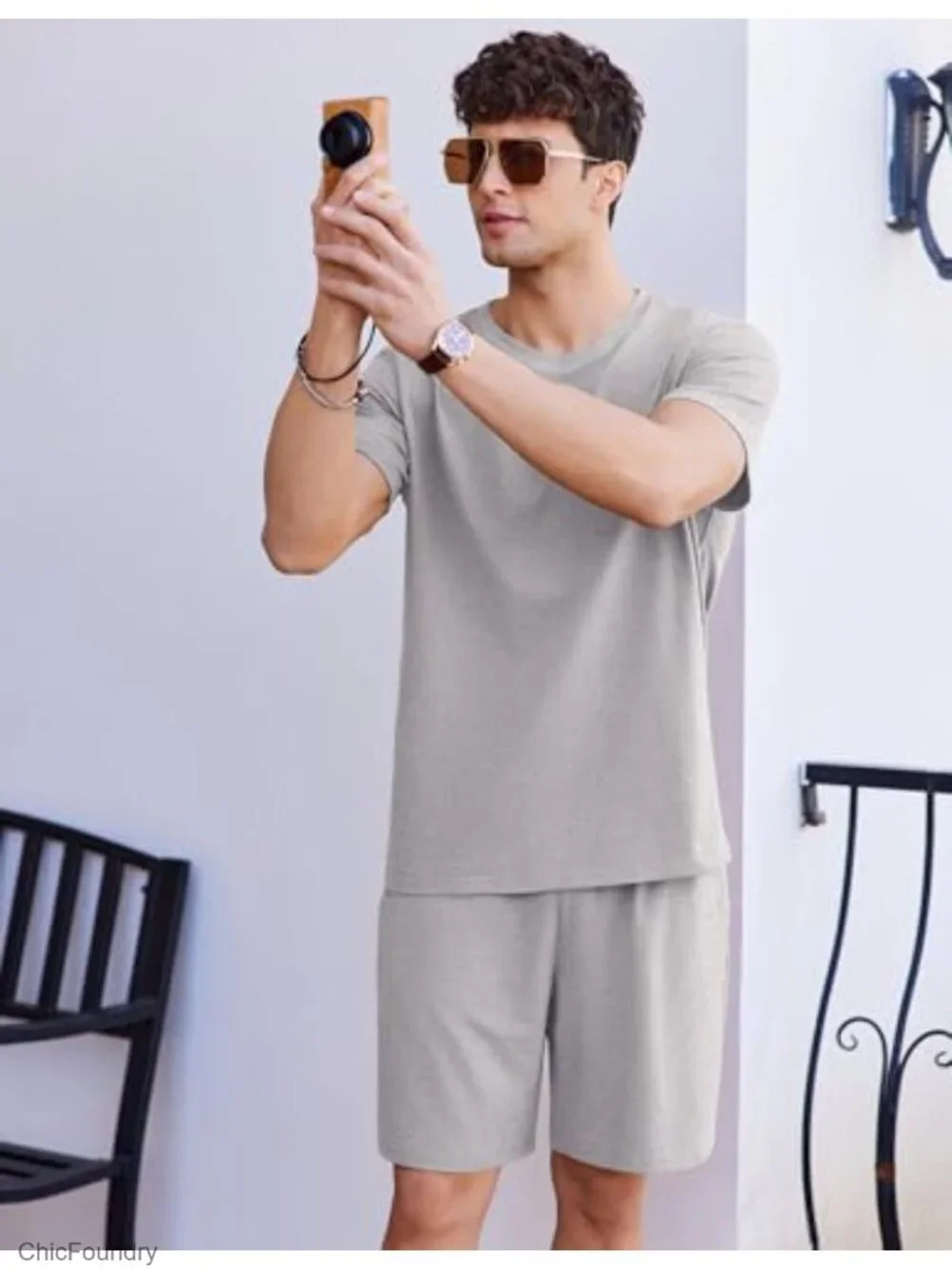 Men's Cotton Short Sleeve Pajama Set 2 Piece Nightwear with Pockets